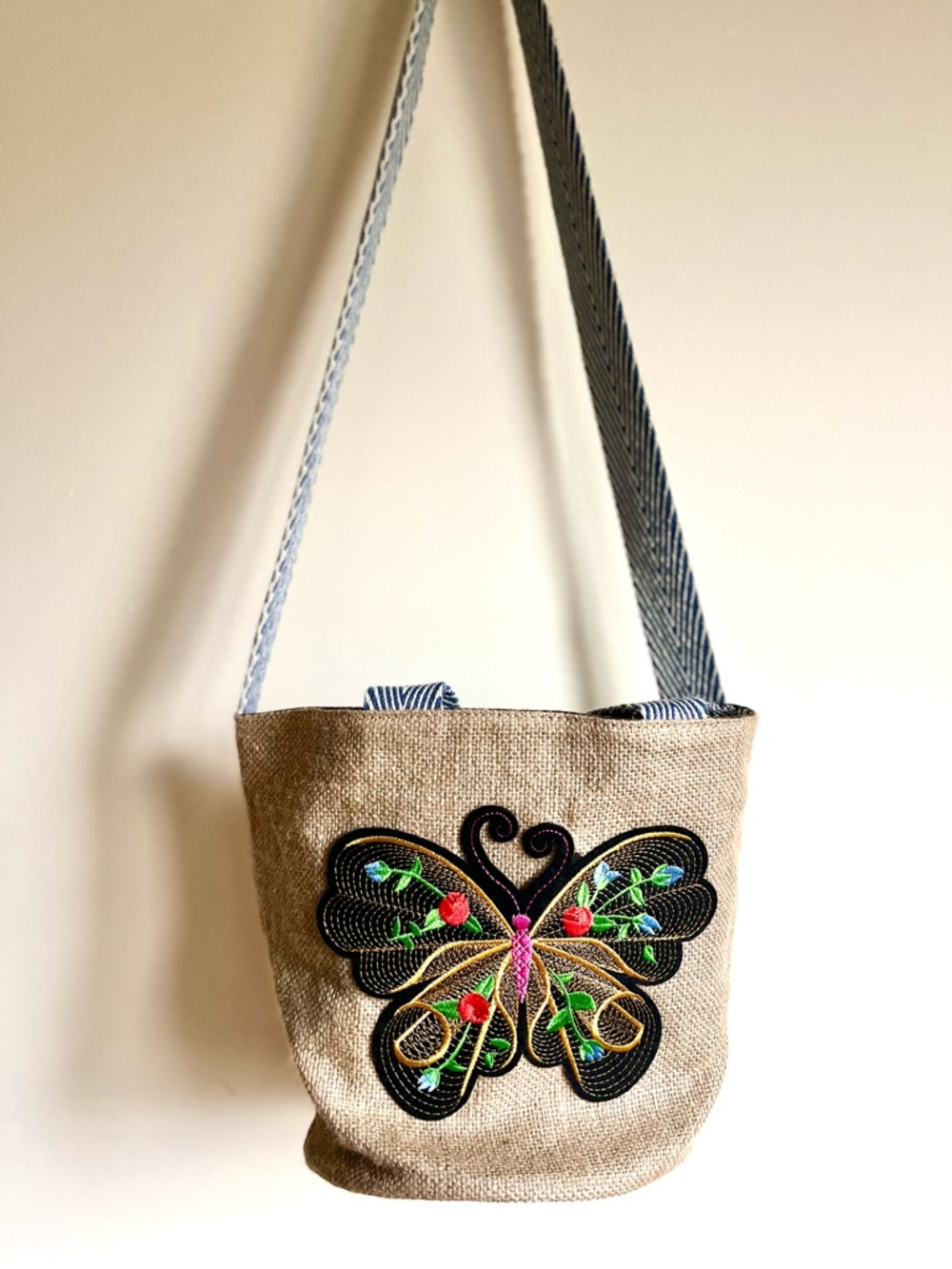 Embroidered Butterfly Jute Tote Bag - Natural